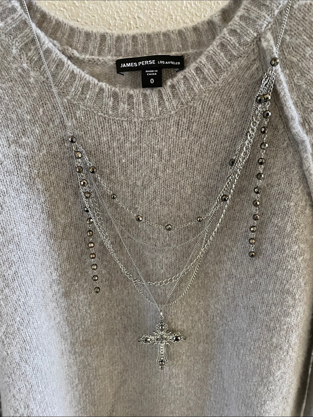 NWOT Silver-Tone Layered Cross Necklace with Metallic Gray Bead Accents
